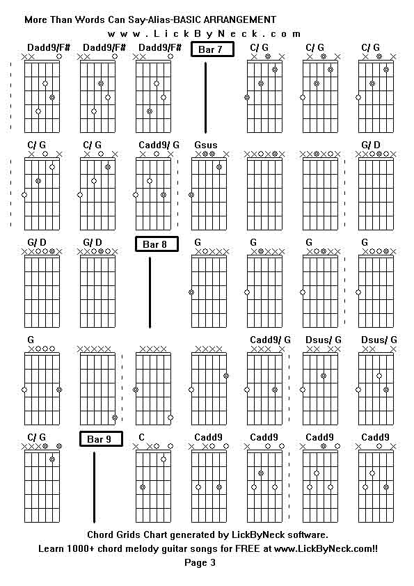 Chord Grids Chart of chord melody fingerstyle guitar song-More Than Words Can Say-Alias-BASIC ARRANGEMENT,generated by LickByNeck software.